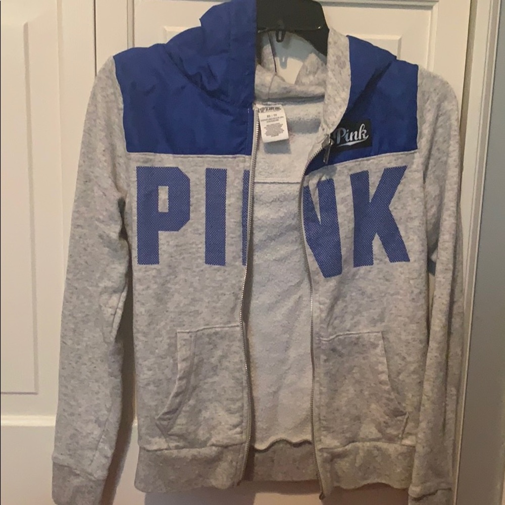 Gray and blue zip up jacket
